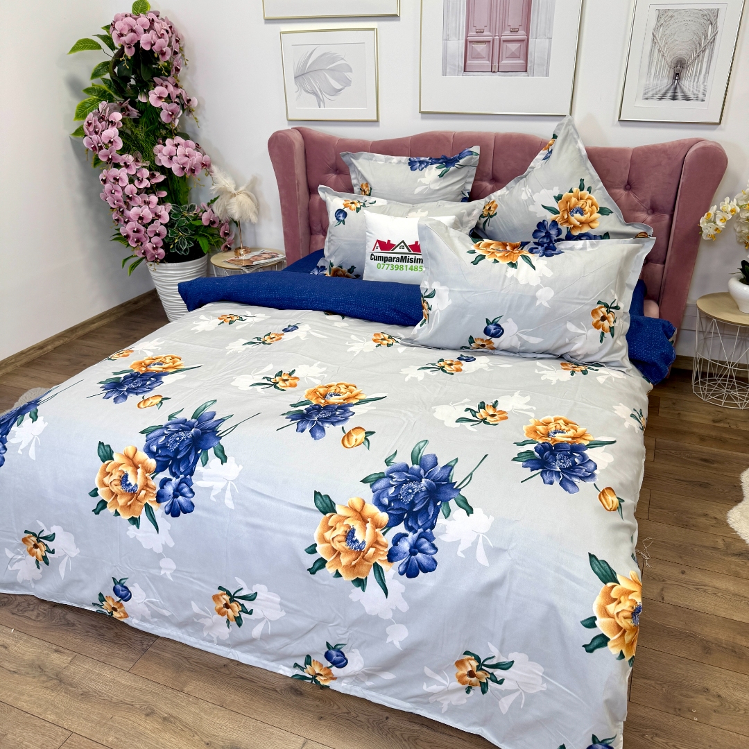 Lenjerie pat dublu, Finet, 6 piese, Albastru, flori - imagine 9