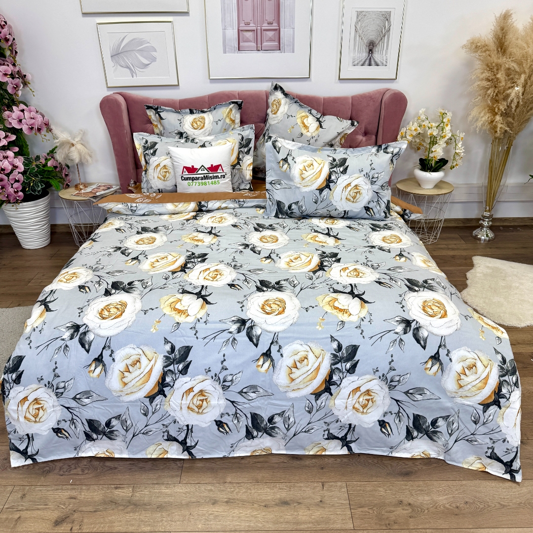 Lenjerie pat dublu, Finet, 6 piese, Gri, Maro, flori - imagine 2
