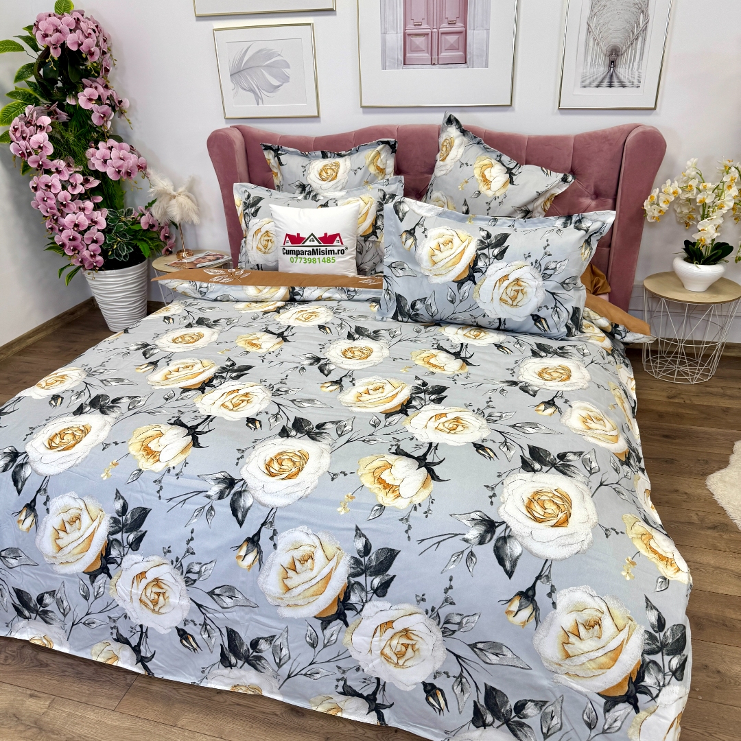 Lenjerie pat dublu, Finet, 6 piese, Gri, Maro, flori - imagine 4