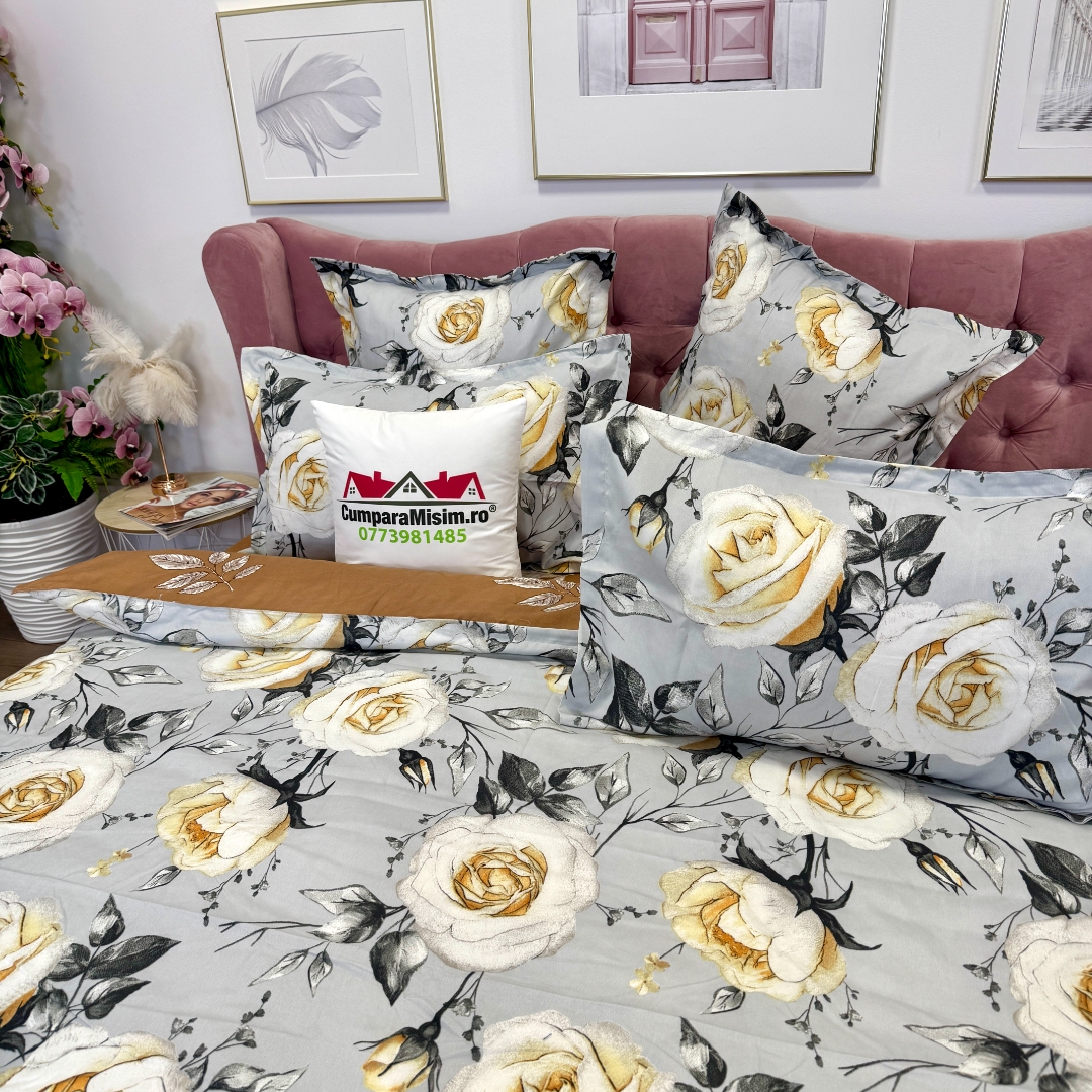Lenjerie pat dublu, Finet, 6 piese, Gri, Maro, flori - imagine 5
