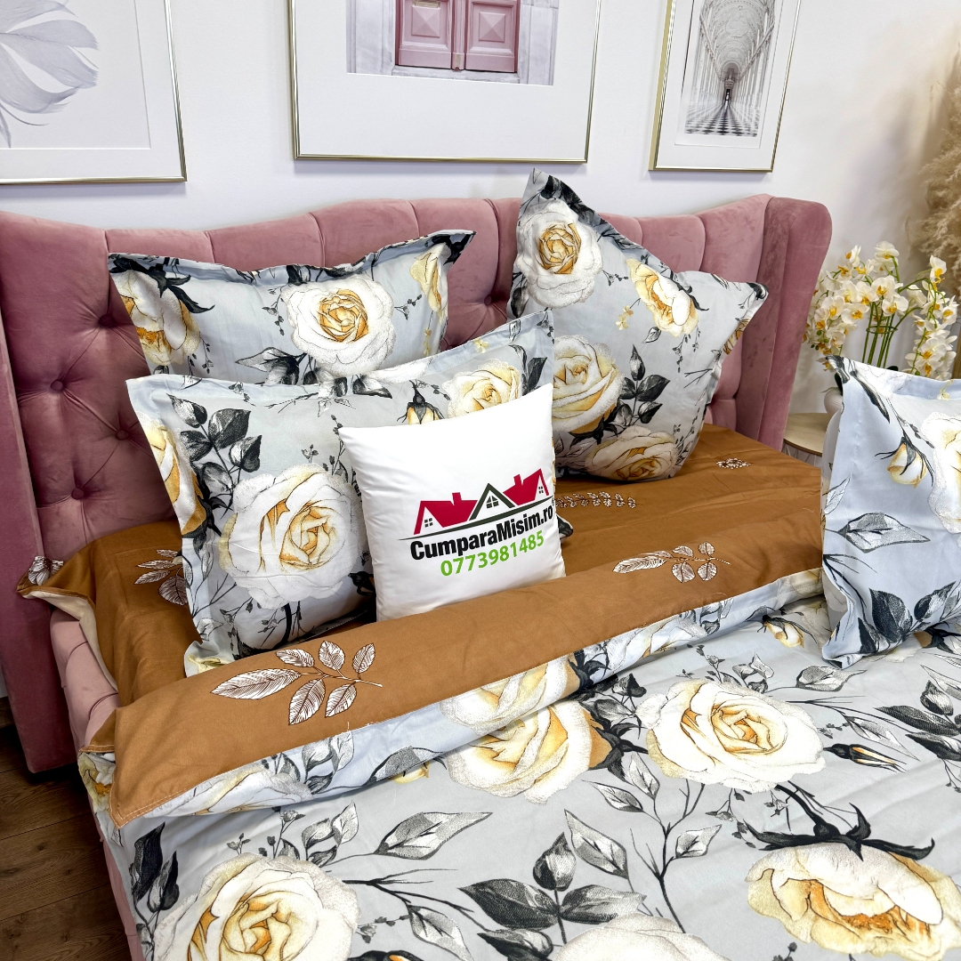 Lenjerie pat dublu, Finet, 6 piese, Gri, Maro, flori - imagine 6