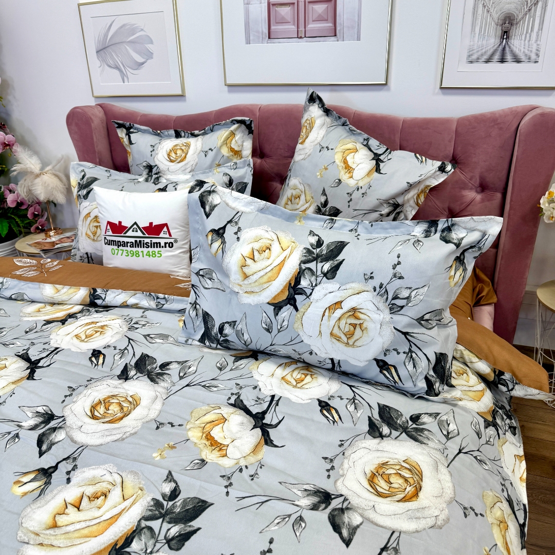 Lenjerie pat dublu, Finet, 6 piese, Gri, Maro, flori - imagine 7