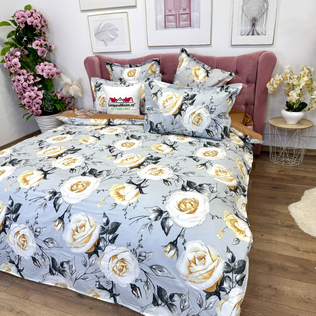 Lenjerie pat dublu, Finet, 6 piese, Gri, Maro, flori - imagine 8