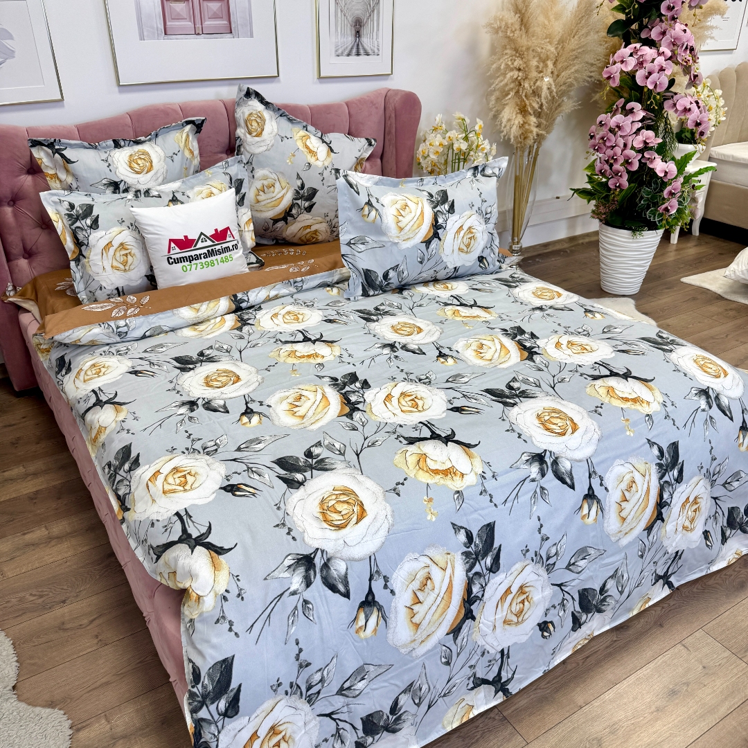 Lenjerie pat dublu, Finet, 6 piese, Gri, Maro, flori - imagine 9