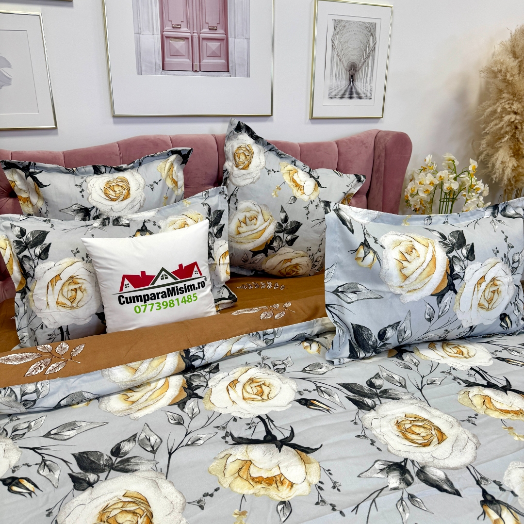 Lenjerie pat dublu, Finet, 6 piese, Gri, Maro, flori - imagine 10
