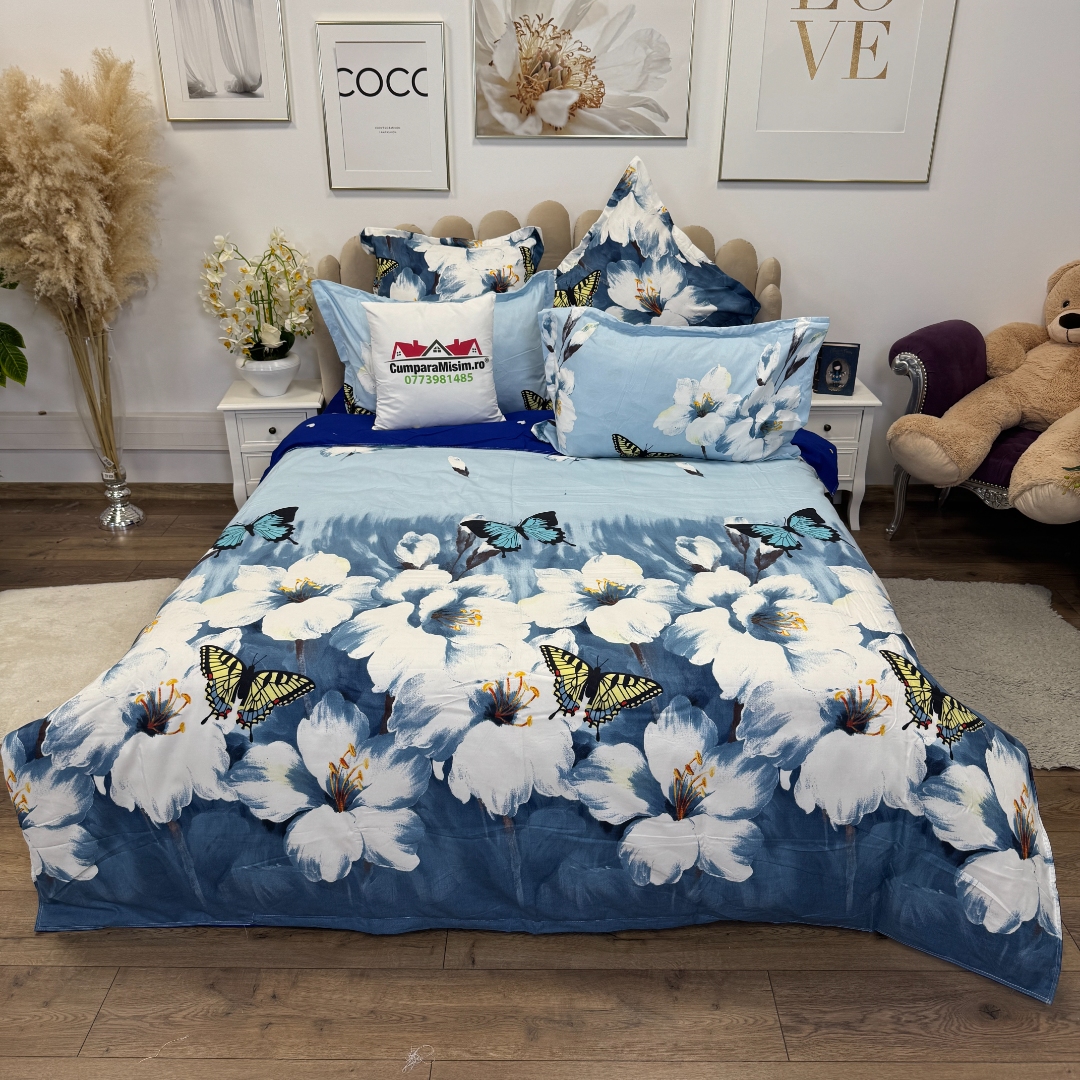 Lenjerie pat dublu, Finet, 6 piese, Albastru, flori - imagine 2