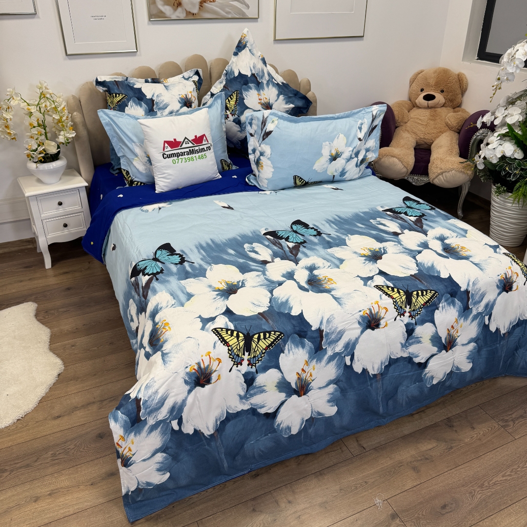 Lenjerie pat dublu, Finet, 6 piese, Albastru, flori - imagine 3