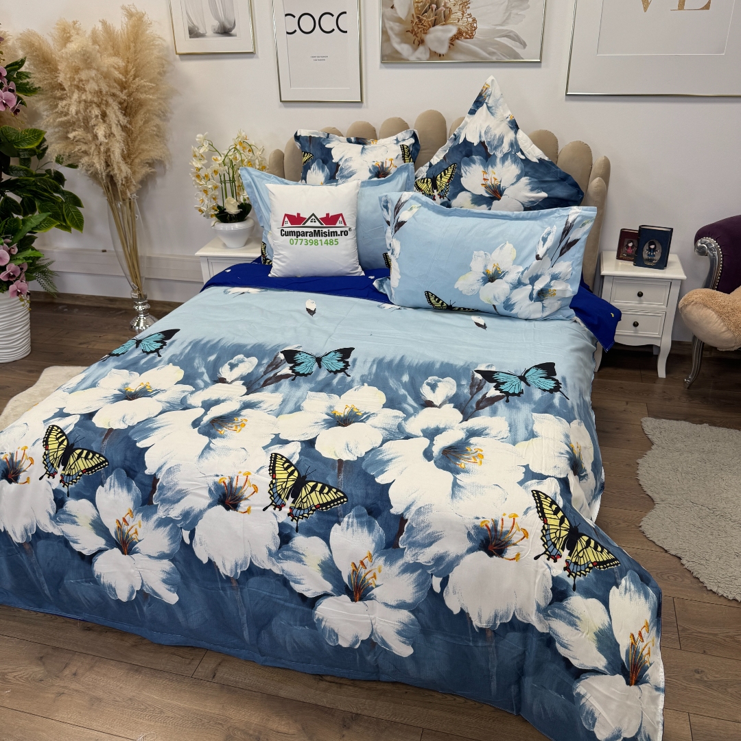 Lenjerie pat dublu, Finet, 6 piese, Albastru, flori - imagine 4