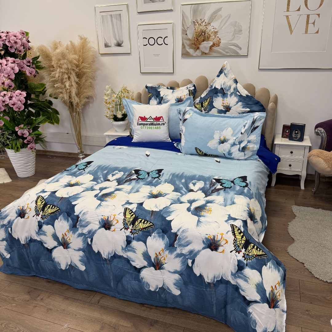 Lenjerie pat dublu, Finet, 6 piese, Albastru, flori - imagine 6