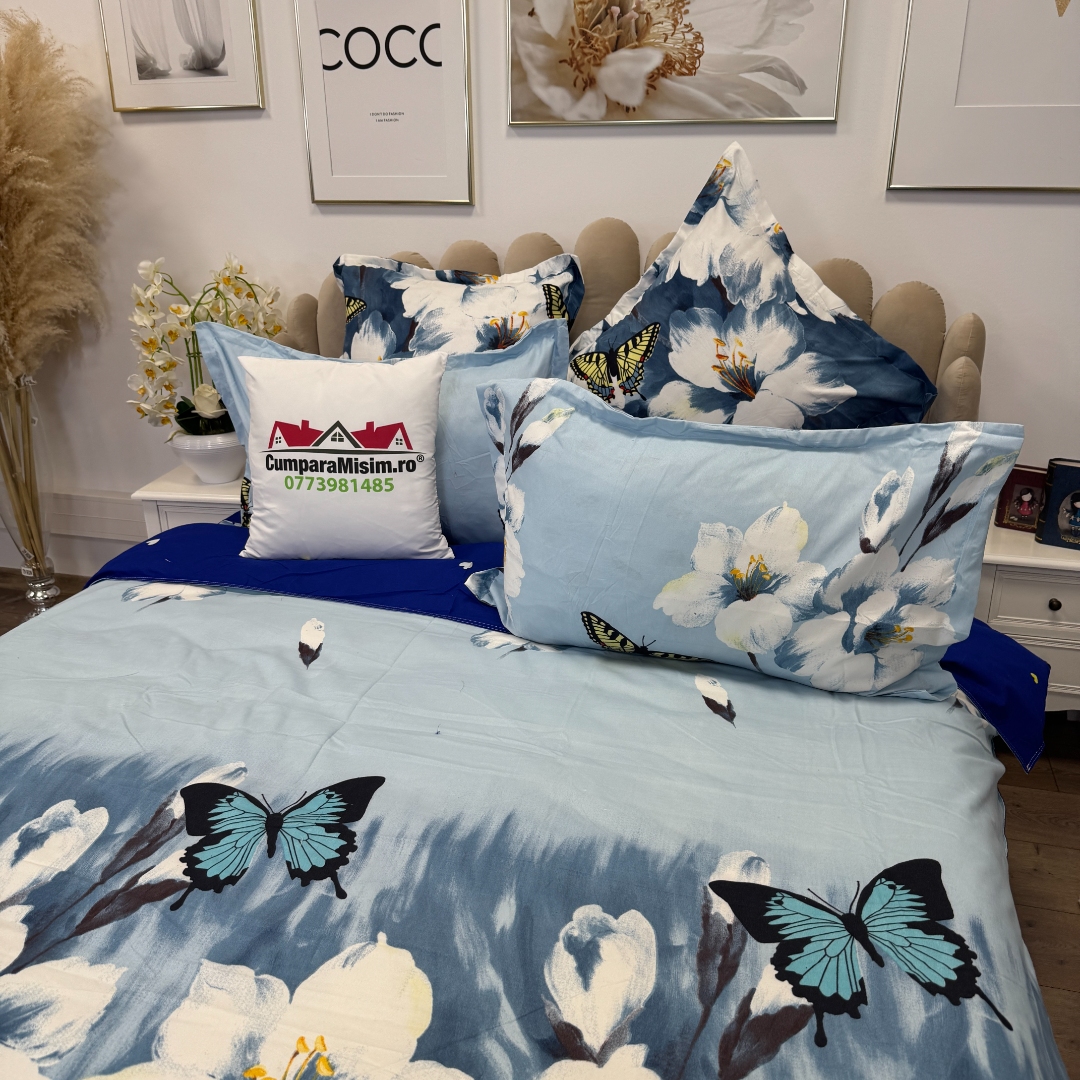Lenjerie pat dublu, Finet, 6 piese, Albastru, flori - imagine 7