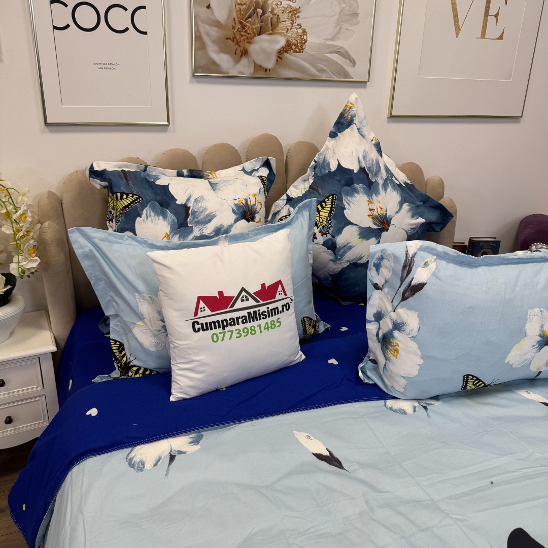 Lenjerie pat dublu, Finet, 6 piese, Albastru, flori - imagine 8
