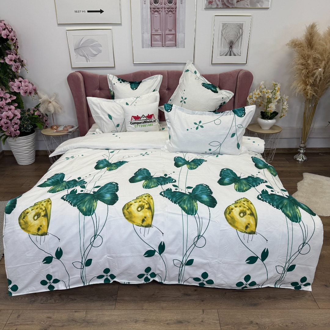 Lenjerie pat dublu, Finet, 6 piese, Verde, Alb, fluturi - imagine 2