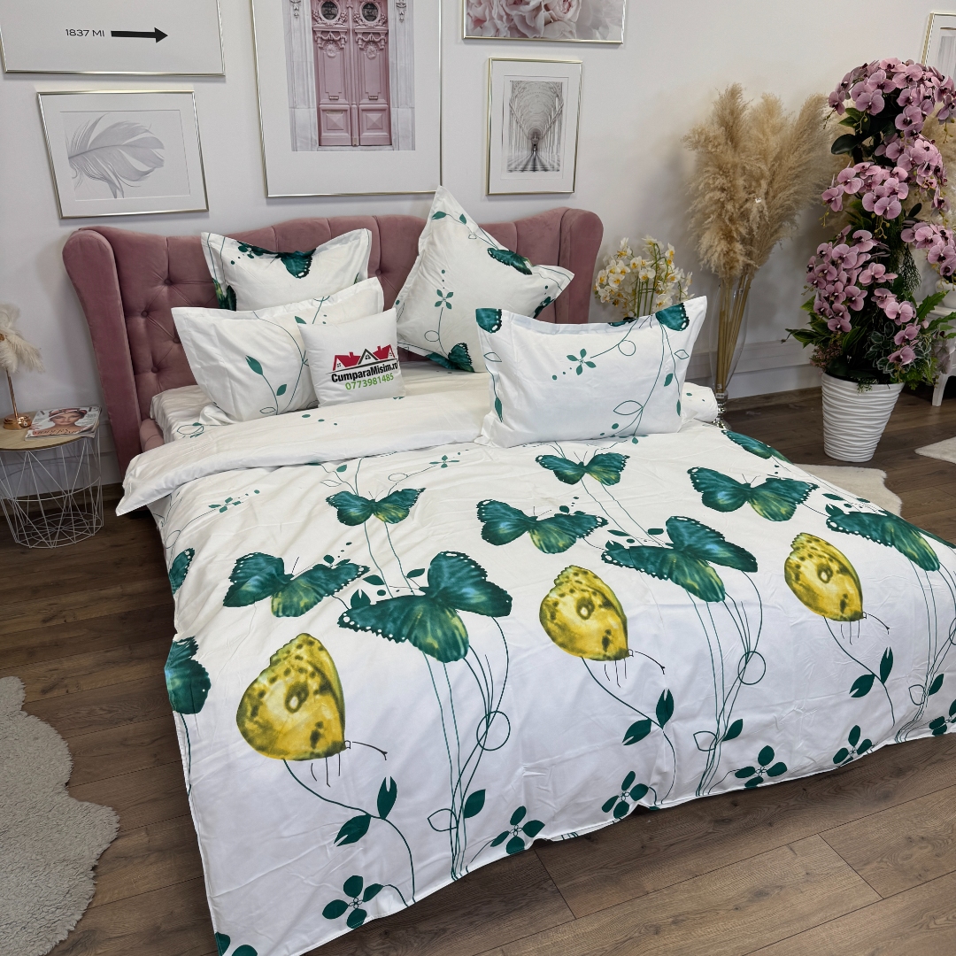 Lenjerie pat dublu, Finet, 6 piese, Verde, Alb, fluturi - imagine 3