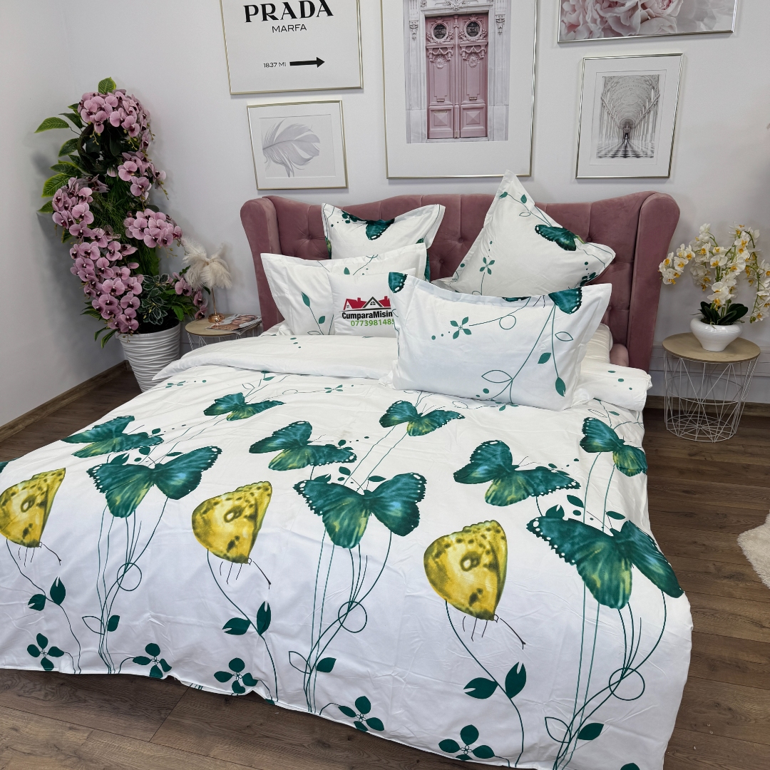 Lenjerie pat dublu, Finet, 6 piese, Verde, Alb, fluturi - imagine 4