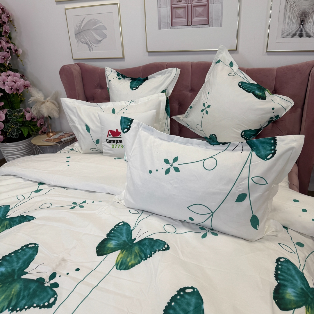 Lenjerie pat dublu, Finet, 6 piese, Verde, Alb, fluturi - imagine 5