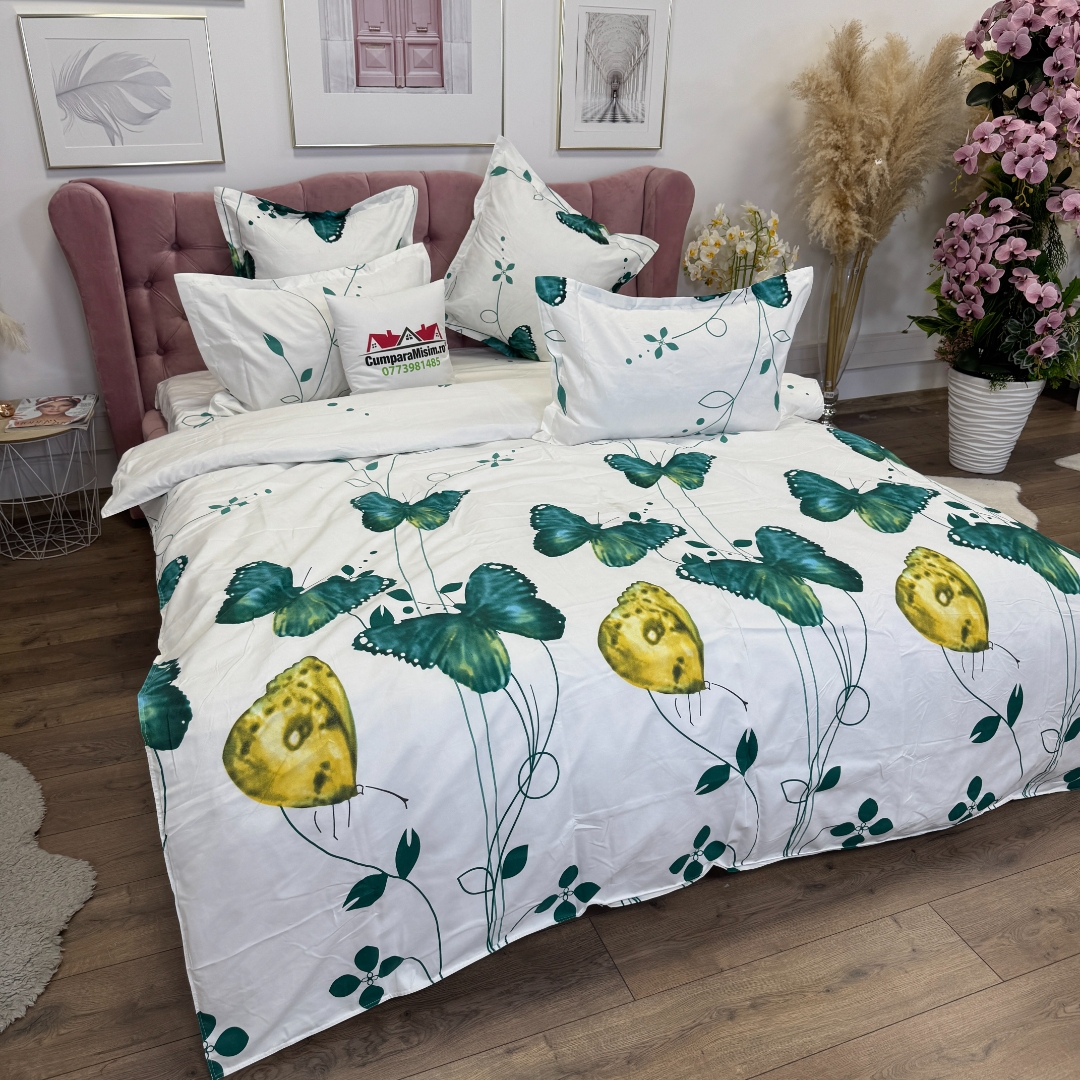 Lenjerie pat dublu, Finet, 6 piese, Verde, Alb, fluturi - imagine 7