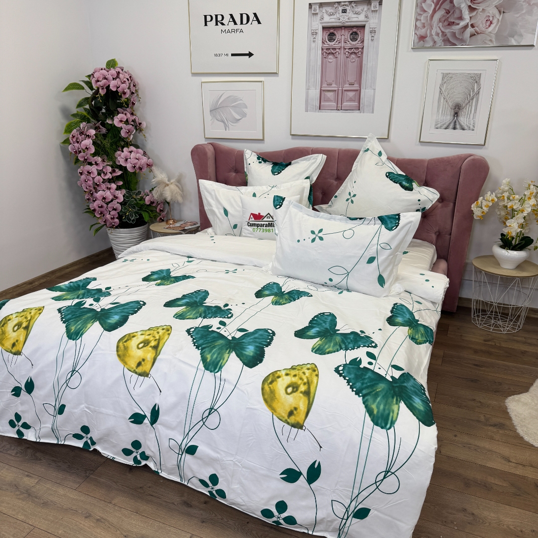 Lenjerie pat dublu, Finet, 6 piese, Verde, Alb, fluturi - imagine 8