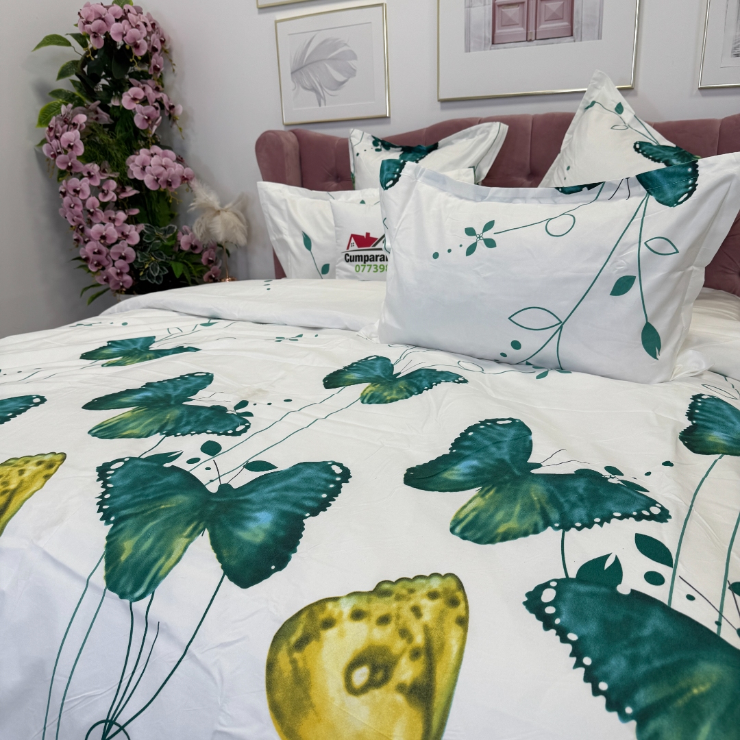 Lenjerie pat dublu, Finet, 6 piese, Verde, Alb, fluturi - imagine 9