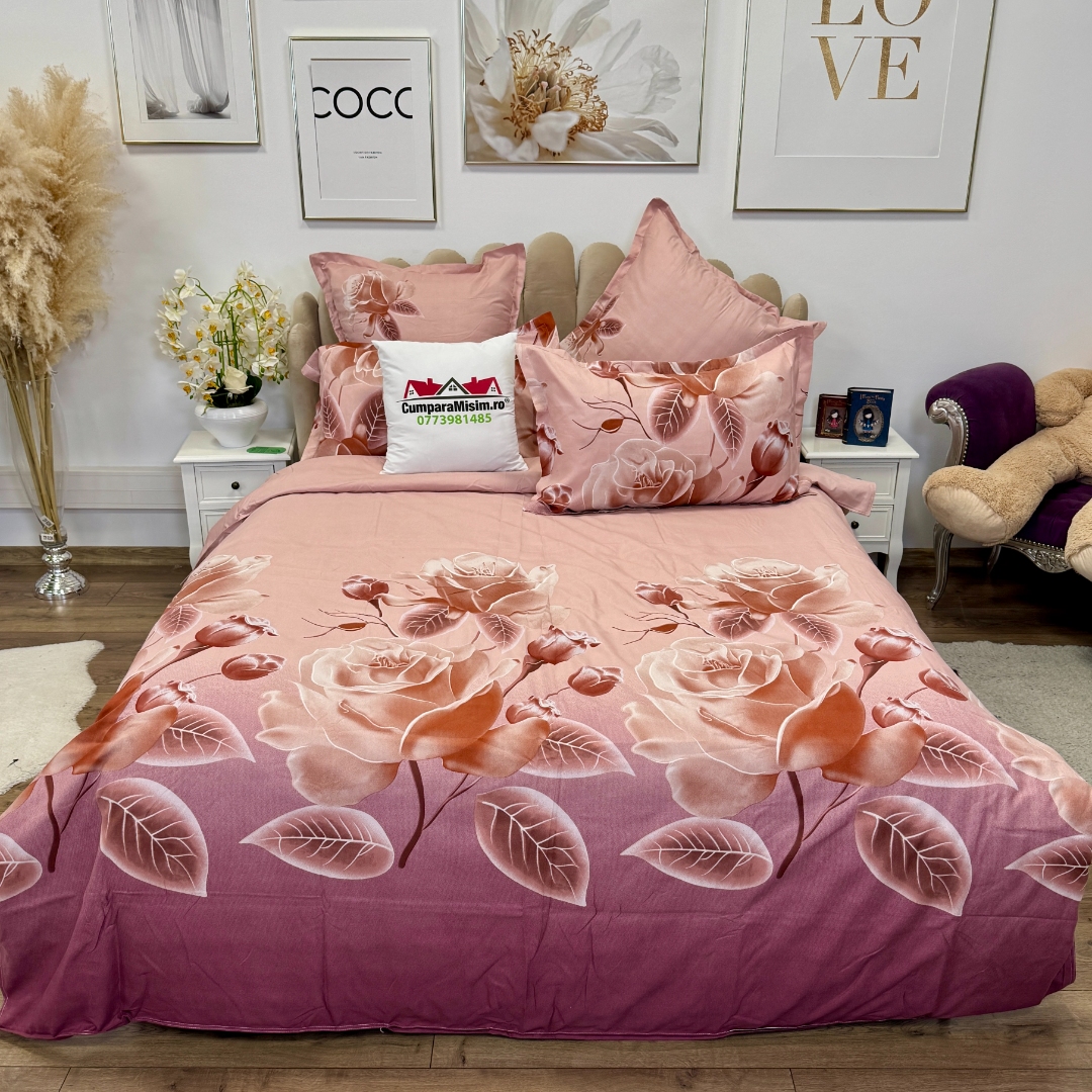 Lenjerie pat dublu, Finet, 6 piese, Roz, flori - imagine 2
