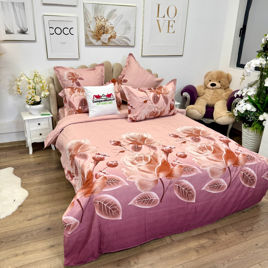Lenjerie pat dublu, Finet, 6 piese, Roz, flori - imagine 3