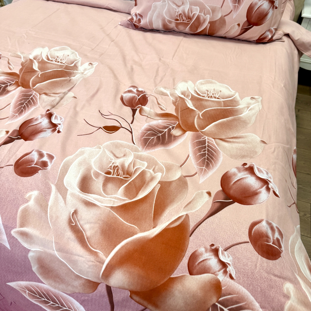 Lenjerie pat dublu, Finet, 6 piese, Roz, flori - imagine 5