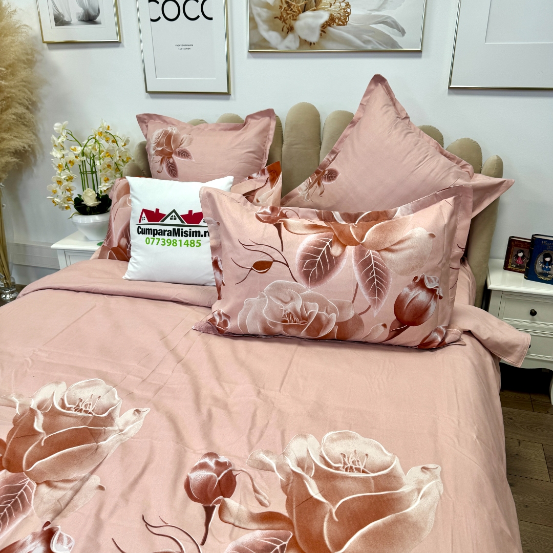 Lenjerie pat dublu, Finet, 6 piese, Roz, flori - imagine 6