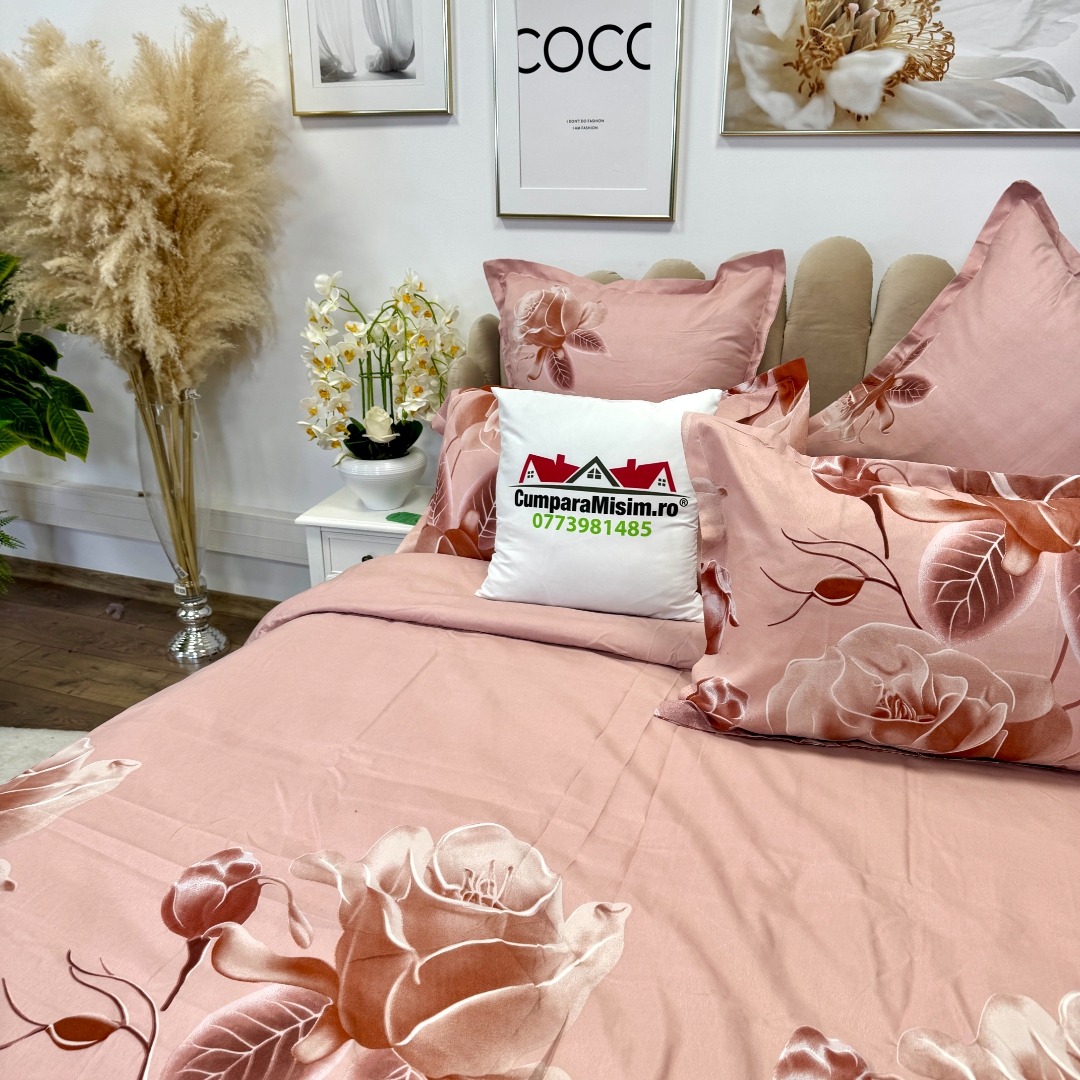 Lenjerie pat dublu, Finet, 6 piese, Roz, flori - imagine 9