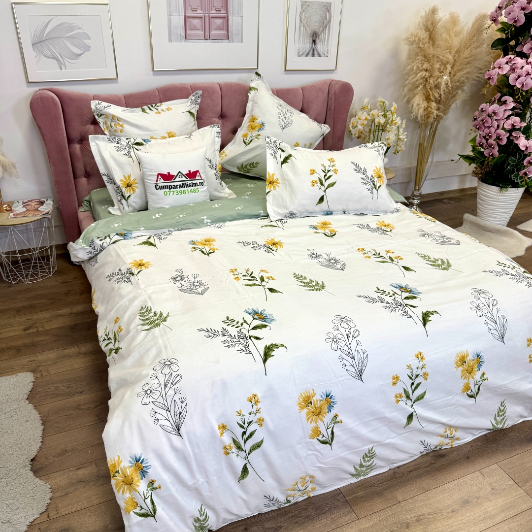 Lenjerie pat dublu, Finet, 6 piese, Alb, Verde,  flori - imagine 3