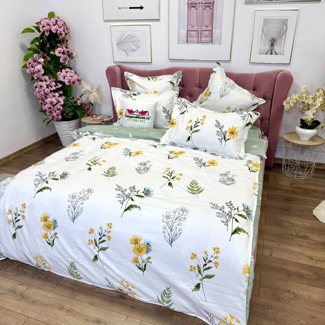 Lenjerie pat dublu, Finet, 6 piese, Alb, Verde,  flori - imagine 4