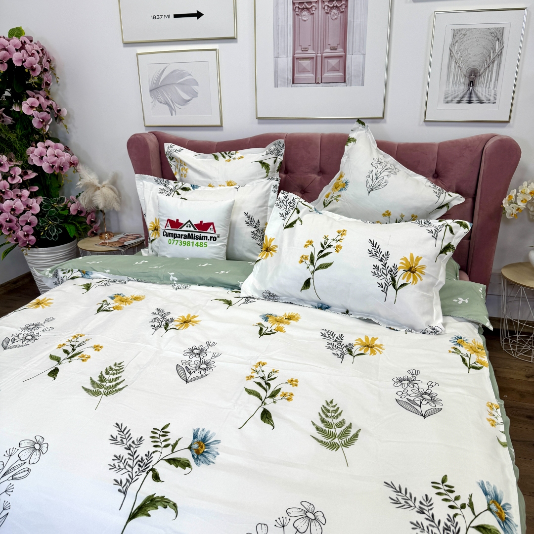 Lenjerie pat dublu, Finet, 6 piese, Alb, Verde,  flori - imagine 5