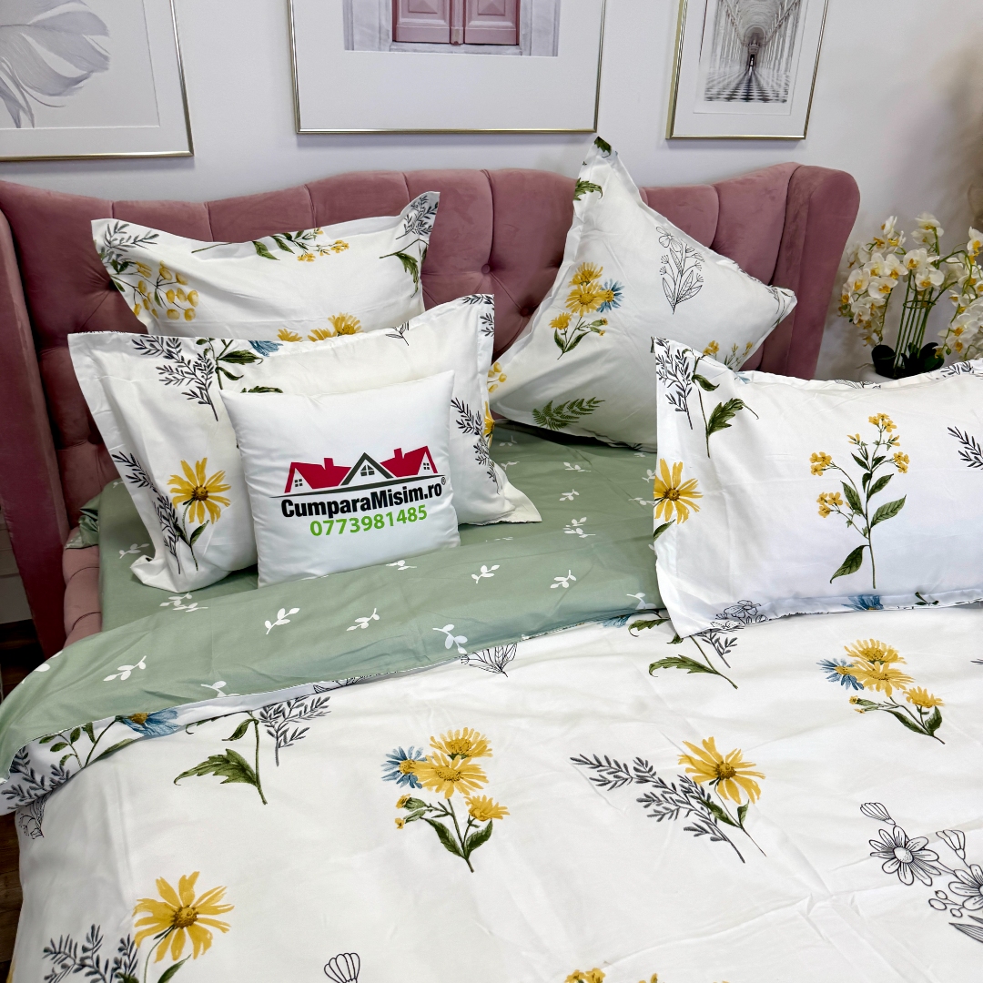 Lenjerie pat dublu, Finet, 6 piese, Alb, Verde,  flori - imagine 6