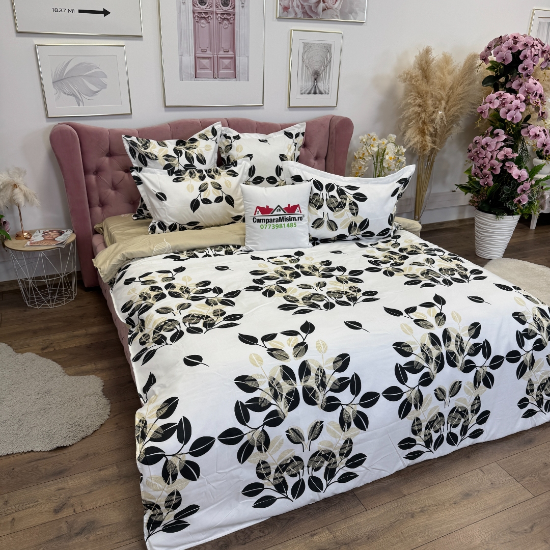 Lenjerie pat dublu, Finet, 6 piese, Alb, Crem, frunze - imagine 3