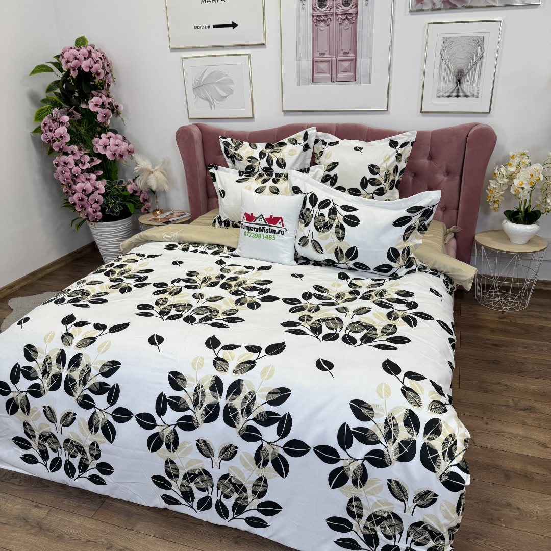 Lenjerie pat dublu, Finet, 6 piese, Alb, Crem, frunze - imagine 4