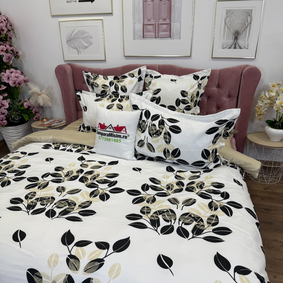 Lenjerie pat dublu, Finet, 6 piese, Alb, Crem, frunze - imagine 5