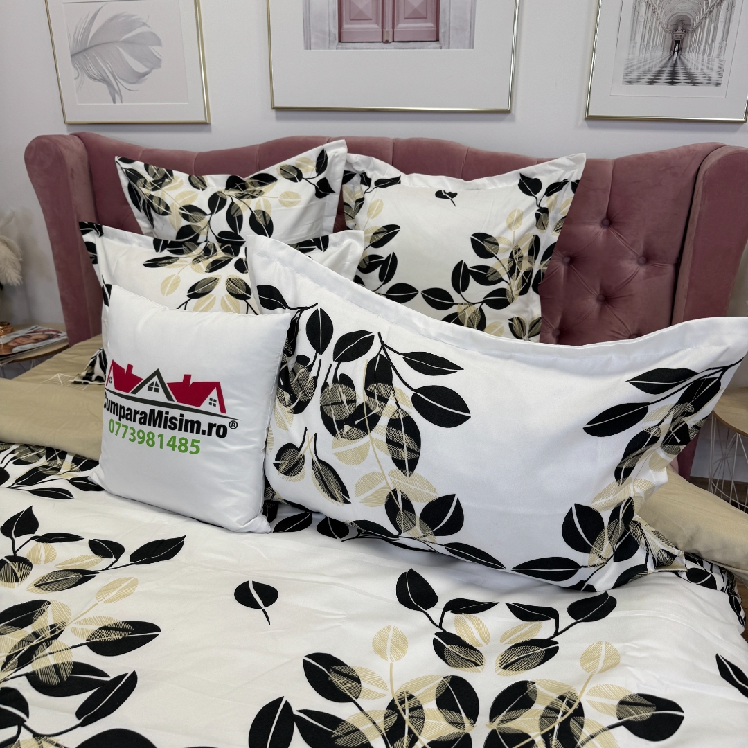 Lenjerie pat dublu, Finet, 6 piese, Alb, Crem, frunze - imagine 6