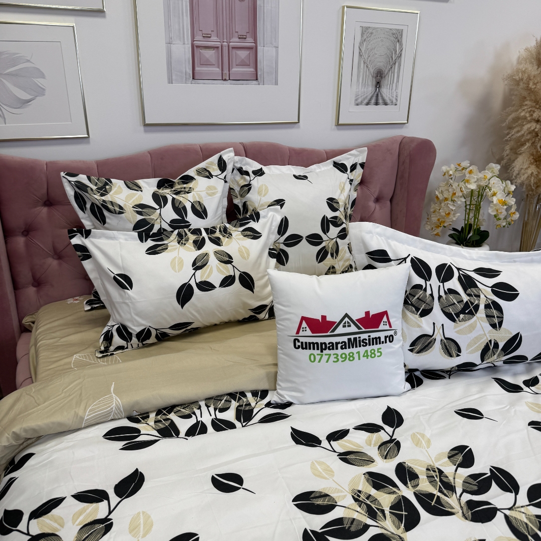 Lenjerie pat dublu, Finet, 6 piese, Alb, Crem, frunze - imagine 7