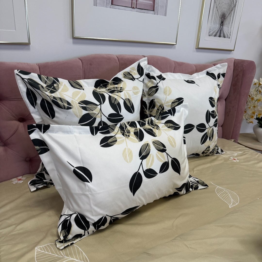 Lenjerie pat dublu, Finet, 6 piese, Alb, Crem, frunze - imagine 9