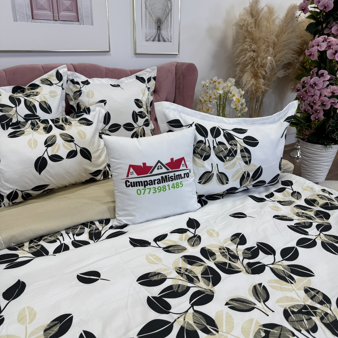 Lenjerie pat dublu, Finet, 6 piese, Alb, Crem, frunze - imagine 10