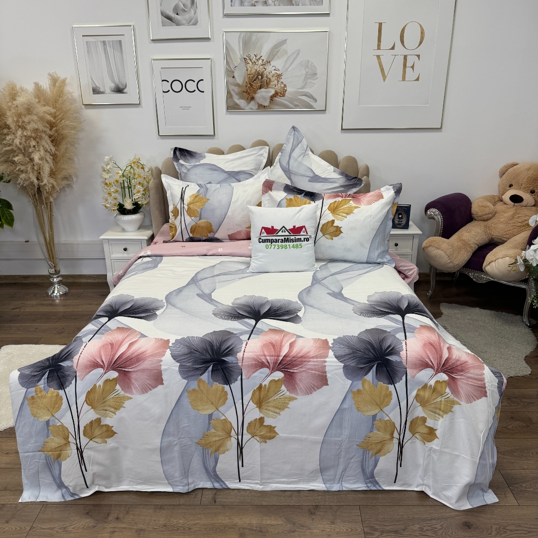 Lenjerie pat dublu, Finet, 6 piese, Roz, flori - imagine 2