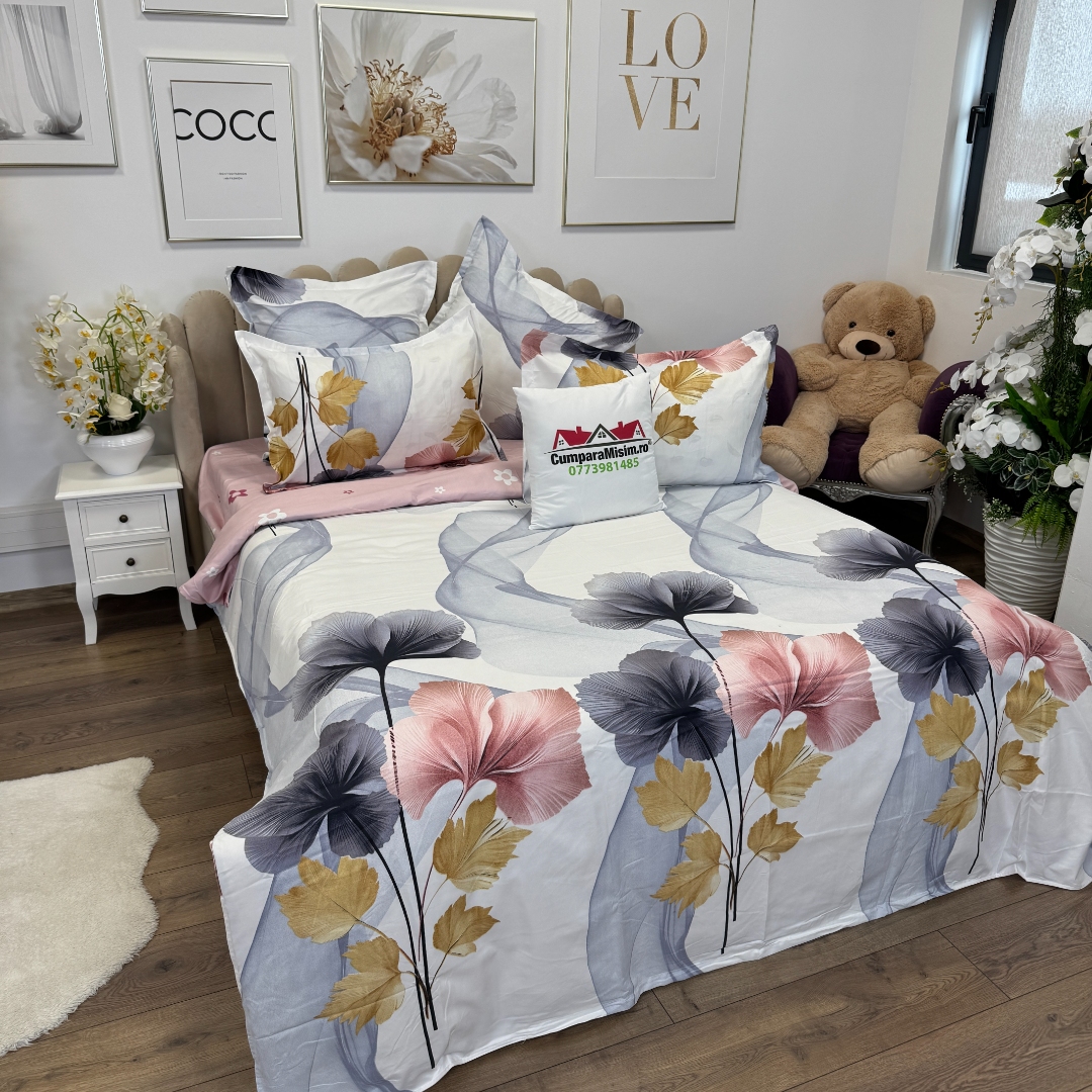 Lenjerie pat dublu, Finet, 6 piese, Roz, flori - imagine 3