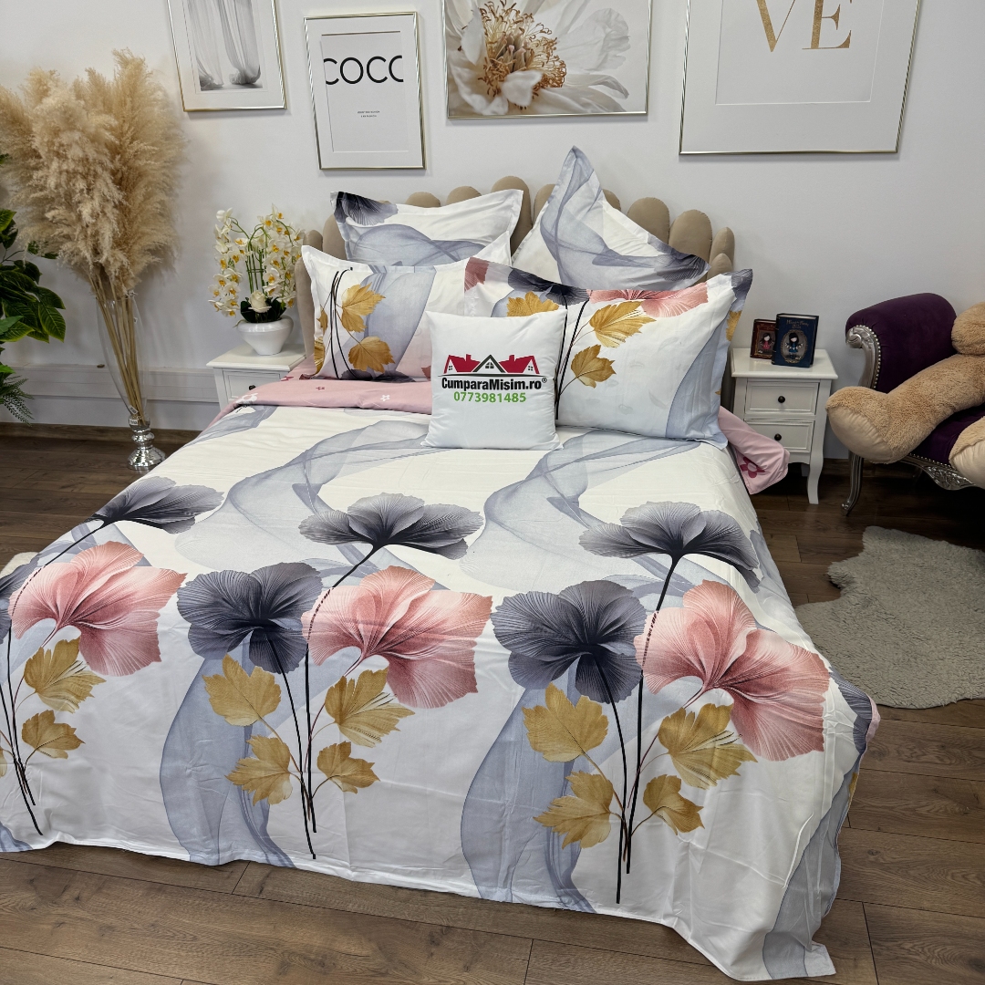 Lenjerie pat dublu, Finet, 6 piese, Roz, flori - imagine 4