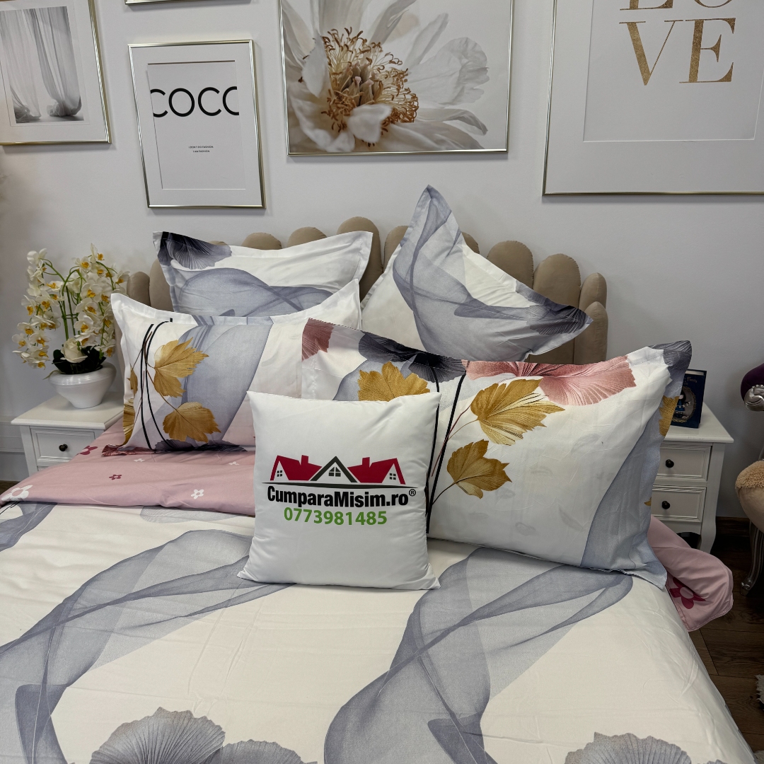 Lenjerie pat dublu, Finet, 6 piese, Roz, flori - imagine 5