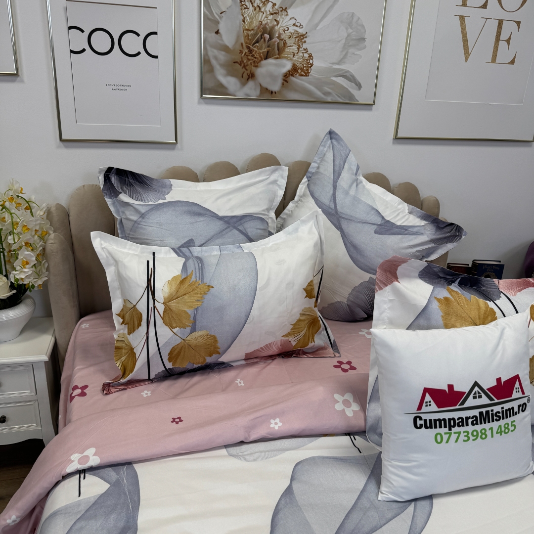 Lenjerie pat dublu, Finet, 6 piese, Roz, flori - imagine 6