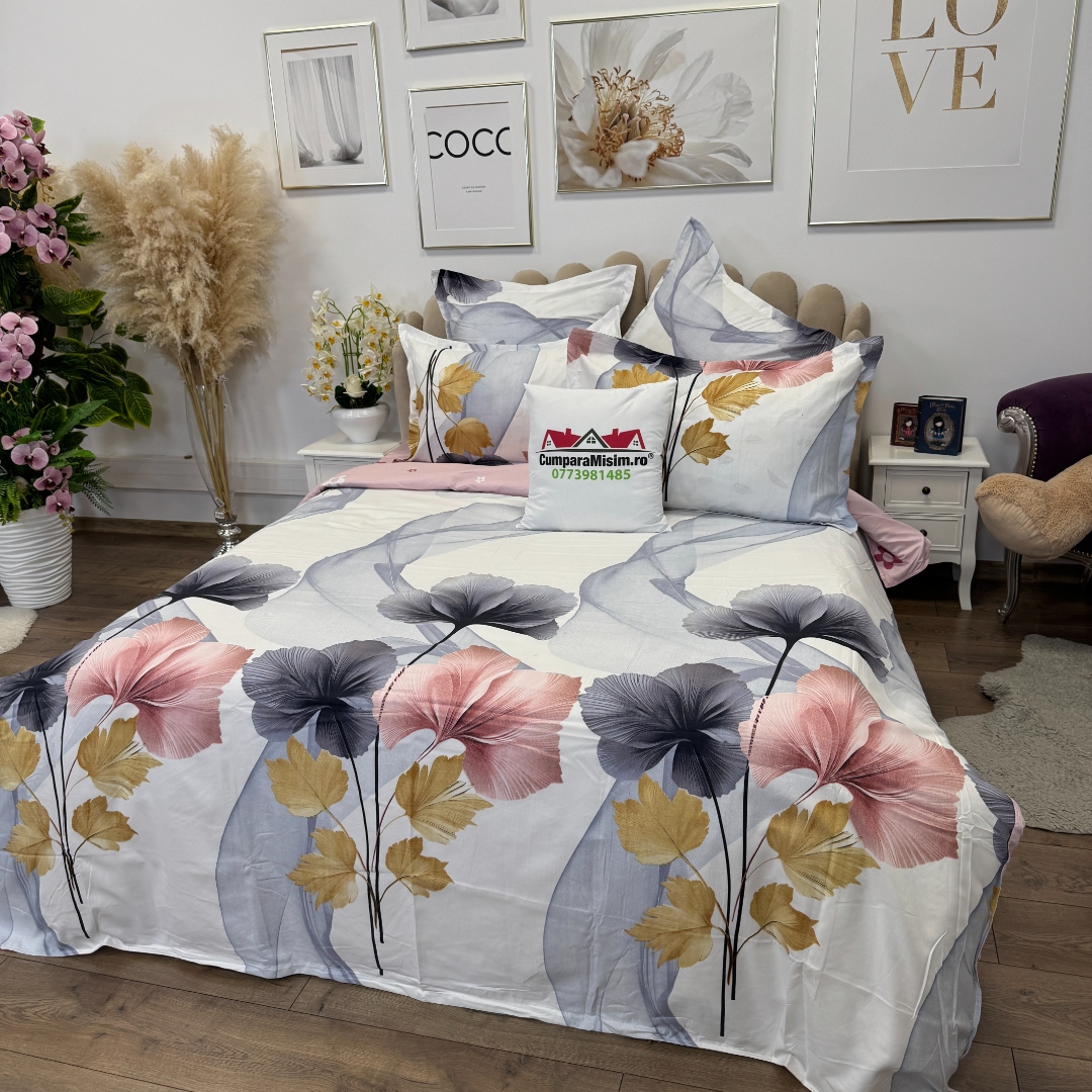 Lenjerie pat dublu, Finet, 6 piese, Roz, flori - imagine 8