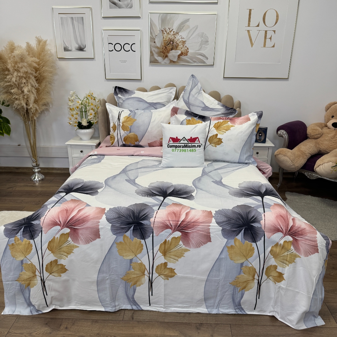 Lenjerie pat dublu, Finet, 6 piese, Roz, flori - imagine 9