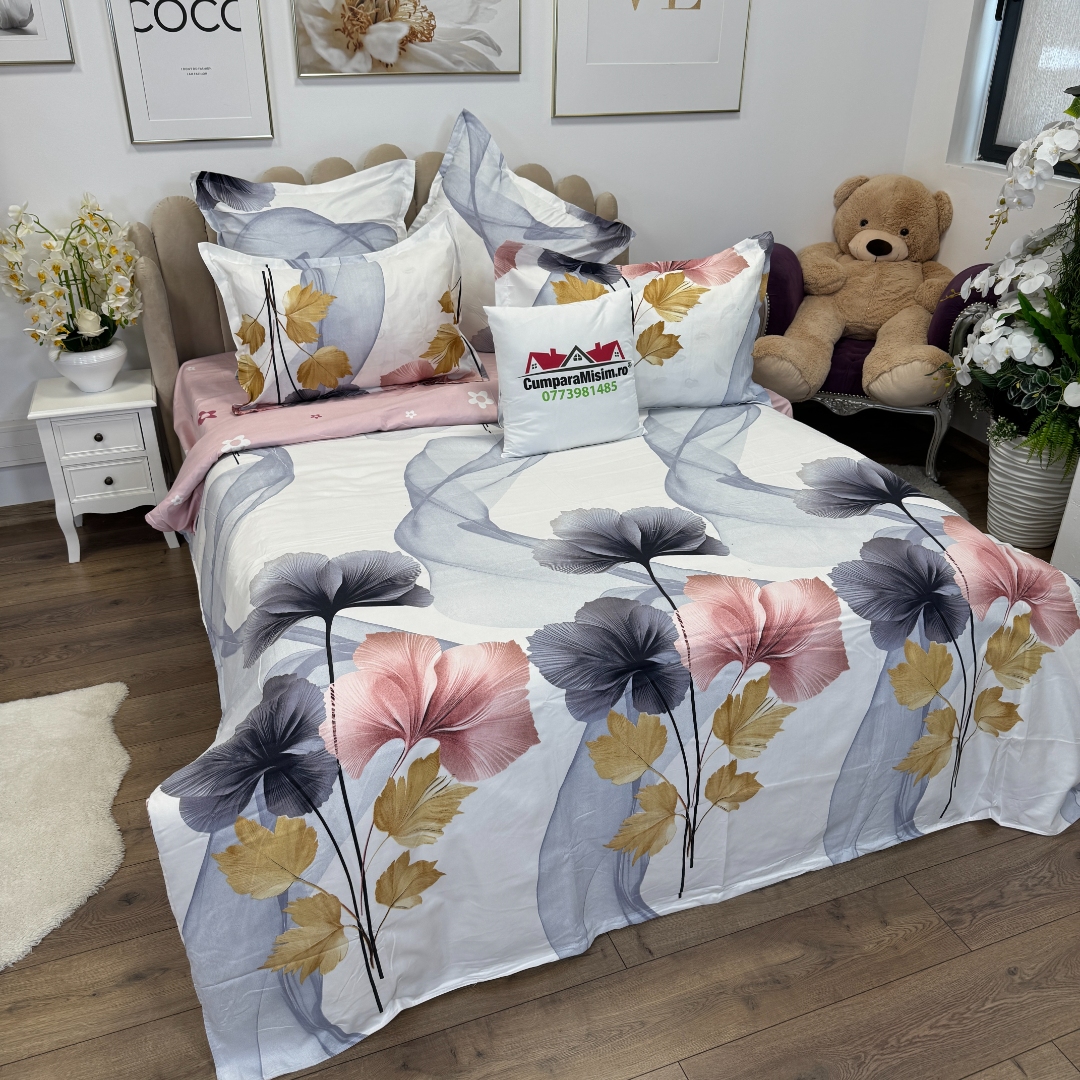 Lenjerie pat dublu, Finet, 6 piese, Roz, flori - imagine 10