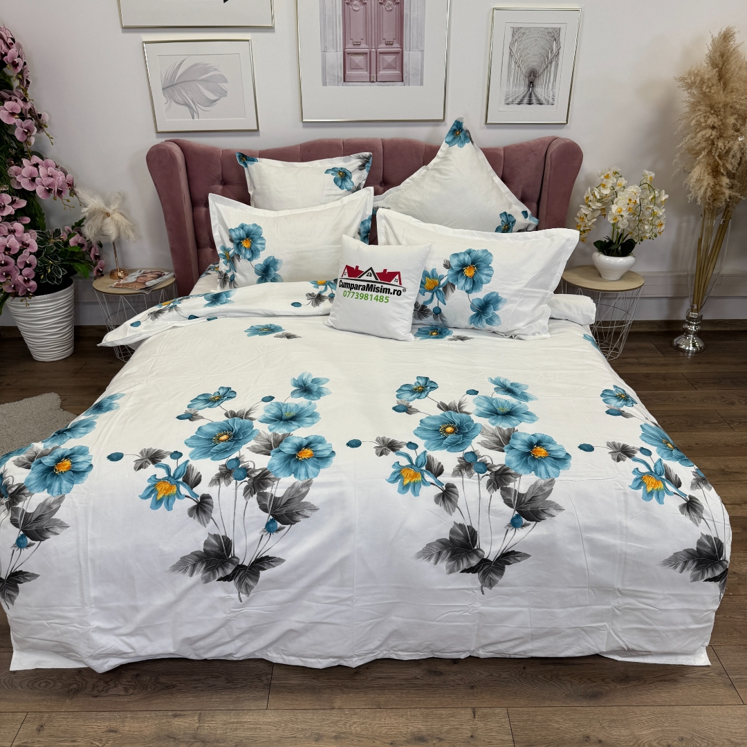 Lenjerie pat dublu, Finet, 6 piese, Alb, Bleu, flori - imagine 2