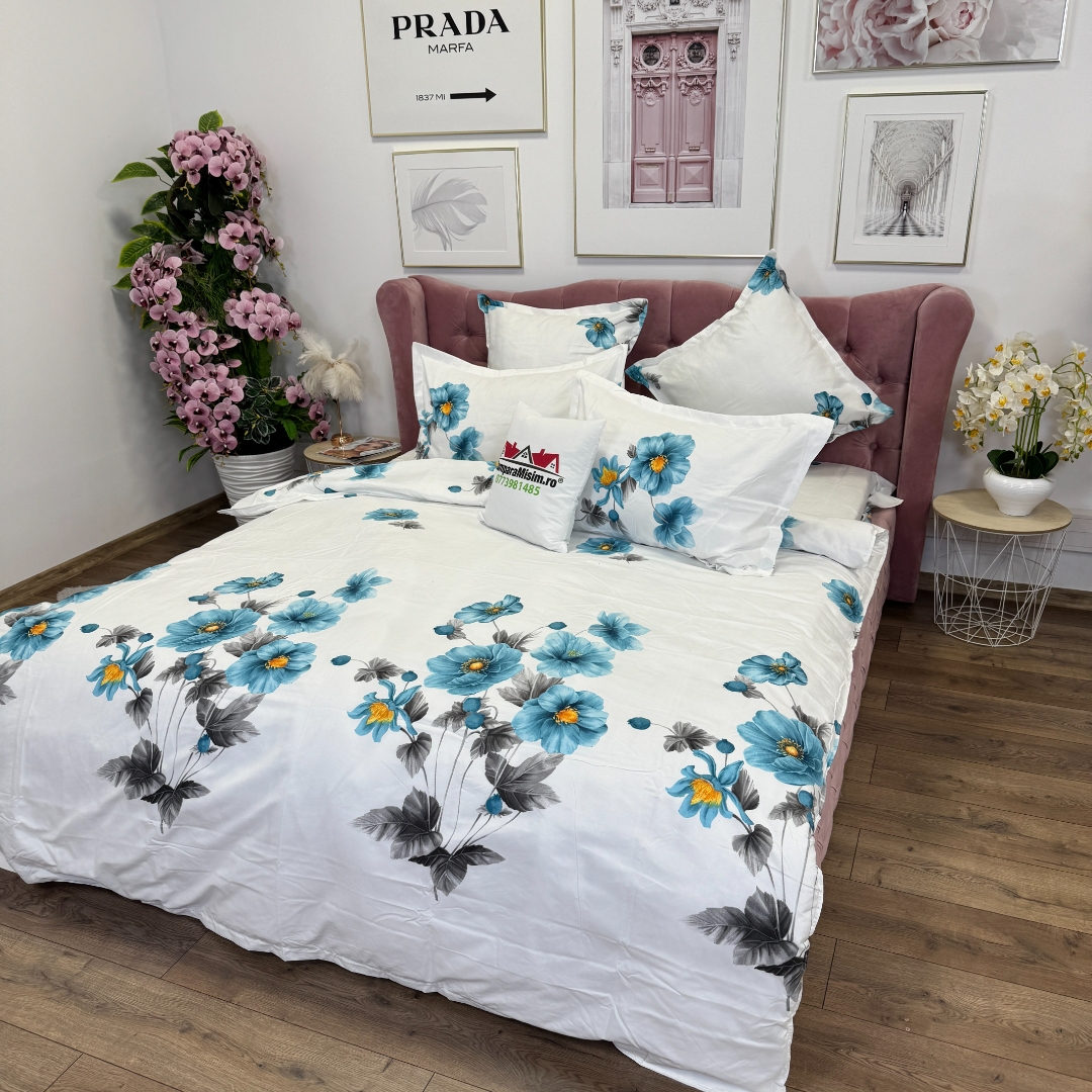 Lenjerie pat dublu, Finet, 6 piese, Alb, Bleu, flori - imagine 4