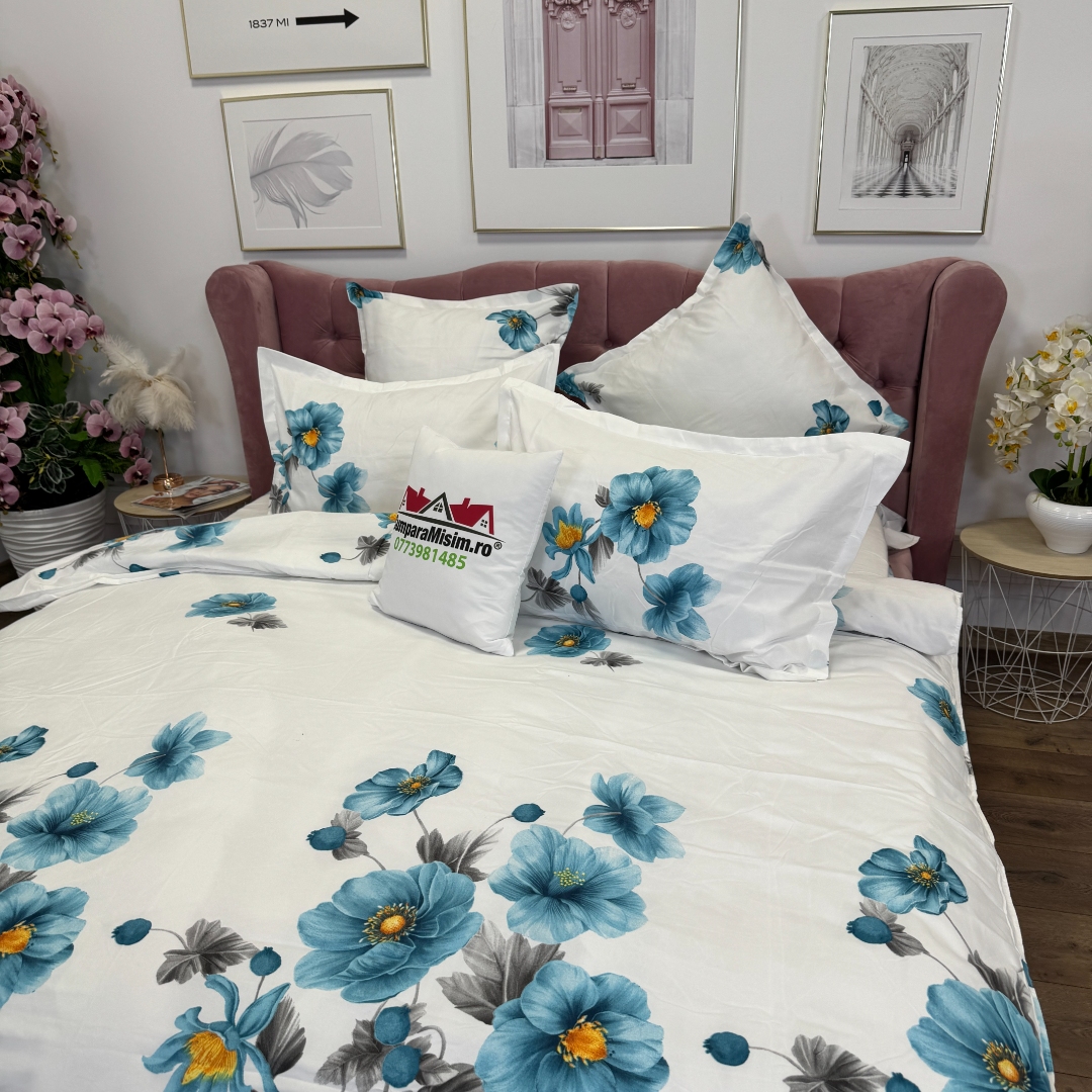 Lenjerie pat dublu, Finet, 6 piese, Alb, Bleu, flori - imagine 5