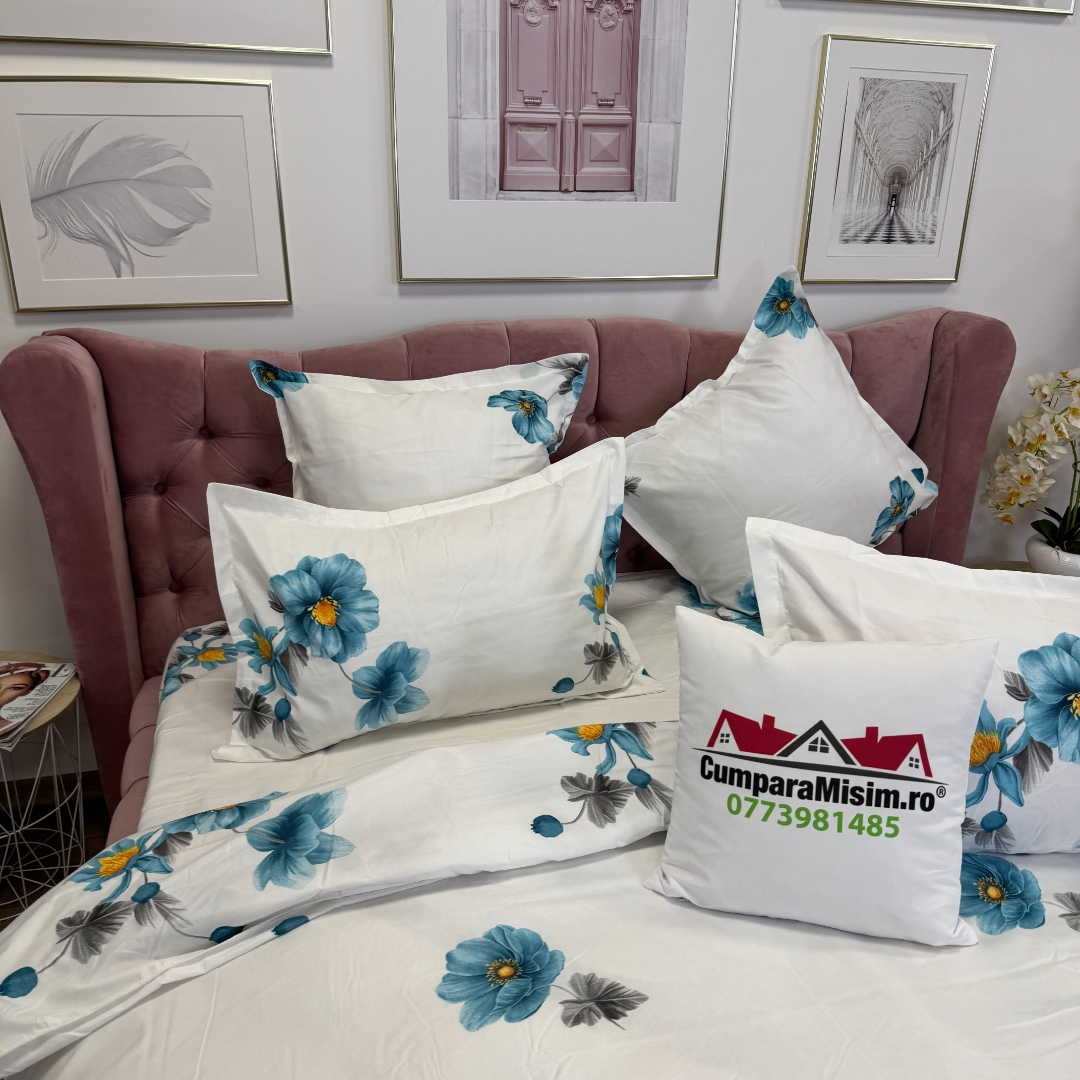 Lenjerie pat dublu, Finet, 6 piese, Alb, Bleu, flori - imagine 6